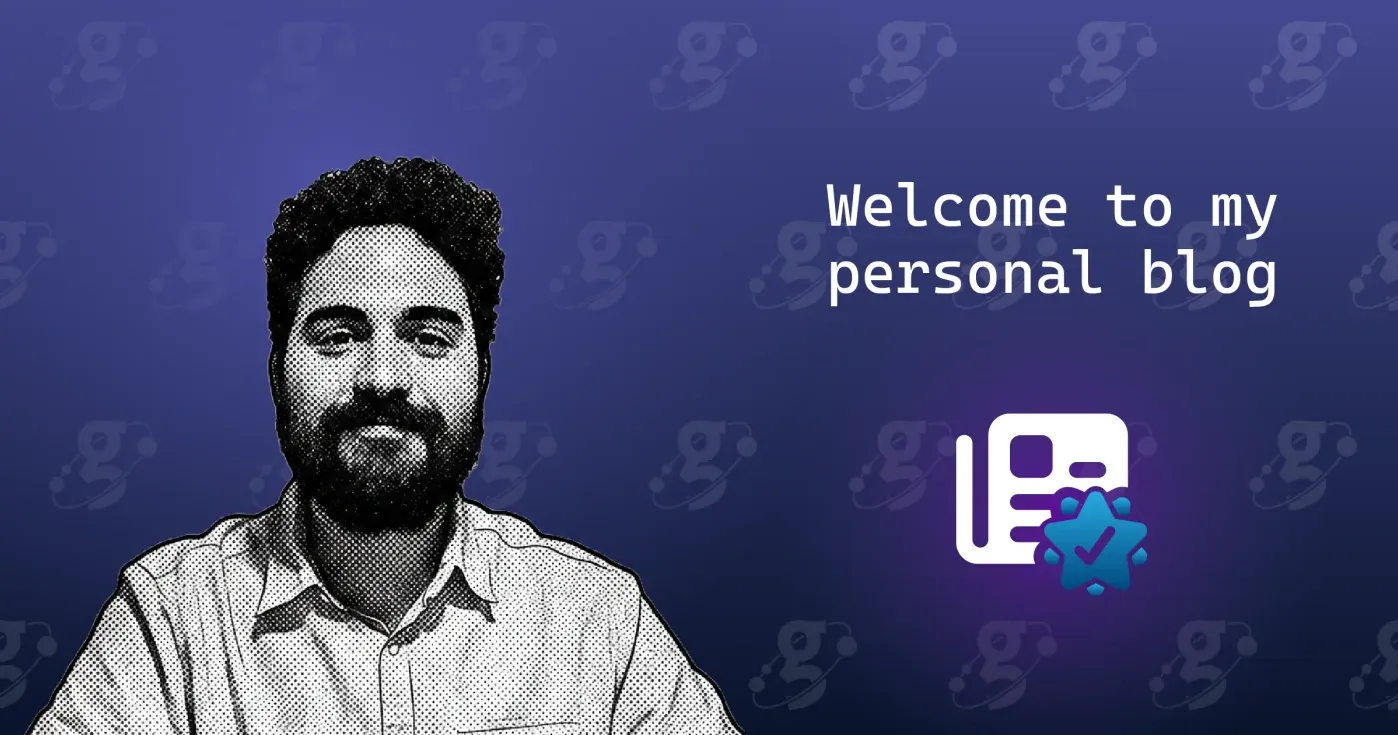 Me on the left, next to the words "Welcome to my personal blog" and a small blog icon with a blue verified badge, over a purple background stamped with my personal logo.