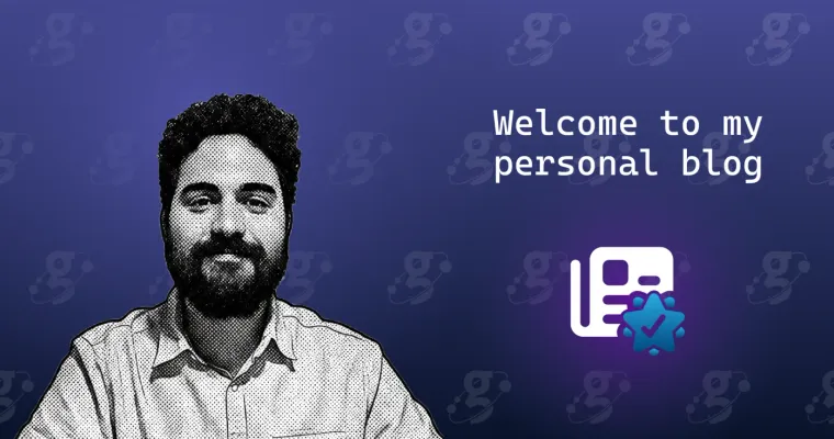 Me on the left, next to the words "Welcome to my personal blog" and a small blog icon with a blue verified badge, over a purple background stamped with my personal logo.